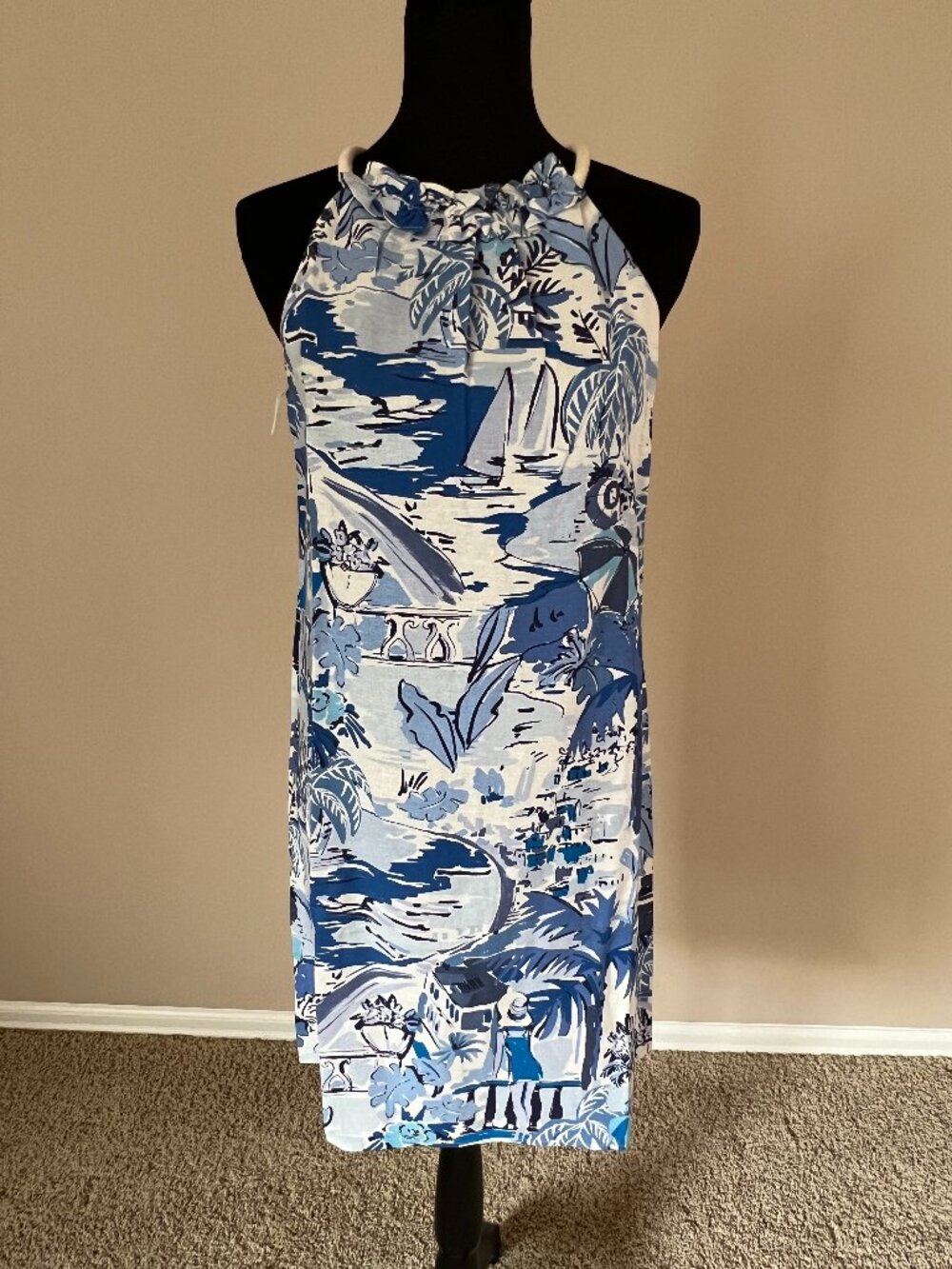 London Times Linen Blend Halter Shift Dress - Size 6 - Blue White